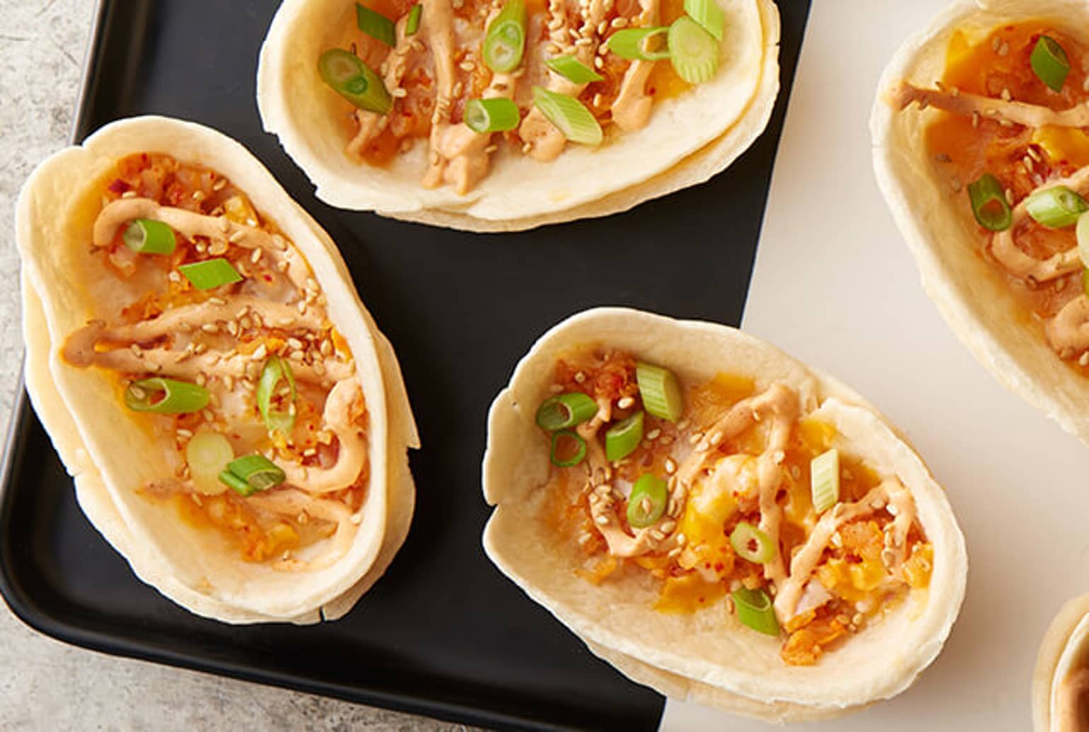 Kimchi Mini Quesadilla Bowls with Hot Pepper Crema